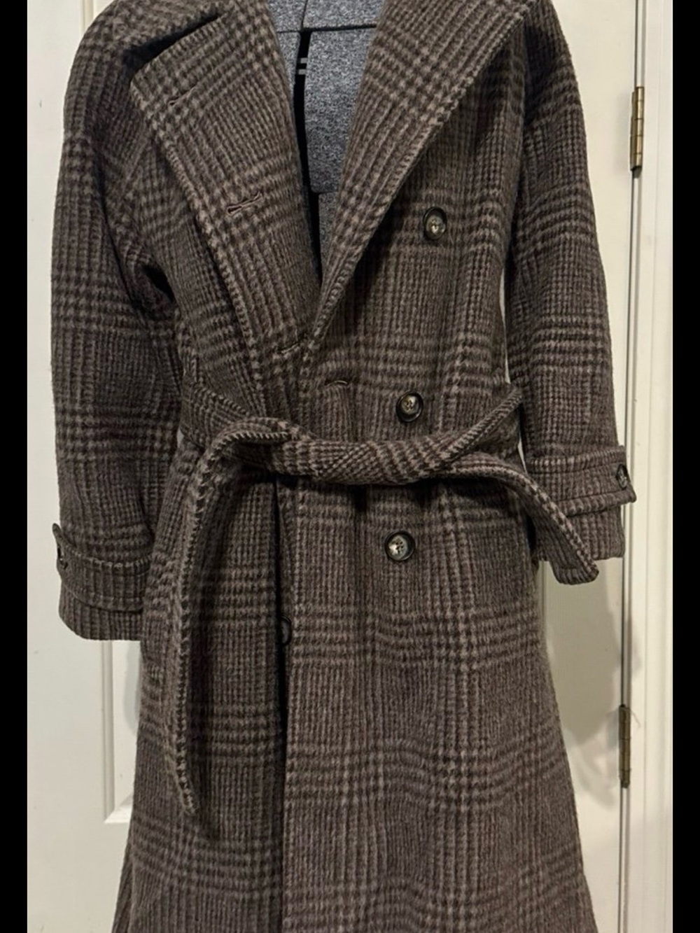 Evan Picone Brown Plaid Double-Breasted Trench Coat with Belt